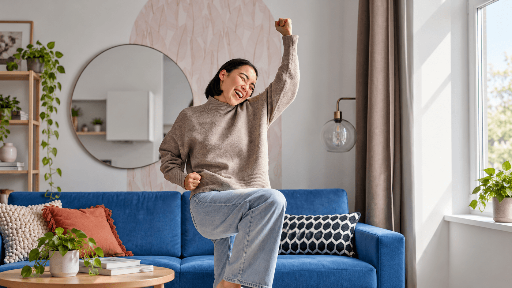 Mulher comemorando em um apartamento mobiliado
